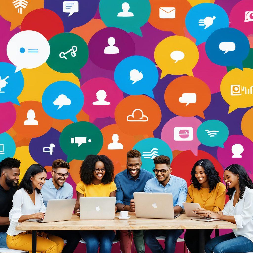 A diverse group of enthusiastic bloggers collaborating over laptops, surrounded by vibrant elements representing outreach, network connections, and blog growth. Incorporate floating speech bubbles with snippets of ideas and topics, a globe symbolizing the Gomn Network, and colorful icons of social media platforms. The background should have a modern, digital feel, enhancing the theme of connectivity and collaboration. vibrant colors. super-realistic.