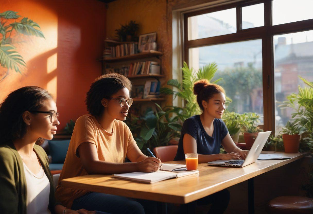 A diverse group of people passionately engaged in writing and discussing on laptops in a cozy, sunlit café, surrounded by plants and books. Include colorful notebooks and coffee cups to represent creativity and inspiration. In the background, a vibrant mural depicting a microphone symbolizes voice and expression. The atmosphere should feel inviting and collaborative, with warm light illuminating the scene. super-realistic. vibrant colors. warm tones.