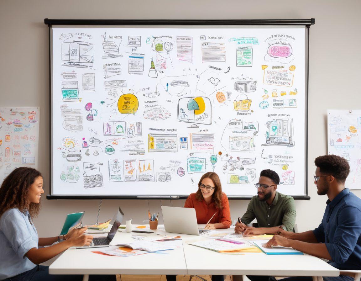 A vibrant collage depicting a journey from brainstorming innovative ideas to crafting engaging content, showcasing a diverse group of people collaborating, sketching ideas on whiteboards, and typing on laptops. Include visual elements like light bulbs representing ideas, a diary filled with notes, and colorful charts illustrating growth and impact. Super-realistic. Bright colors. Modern design.